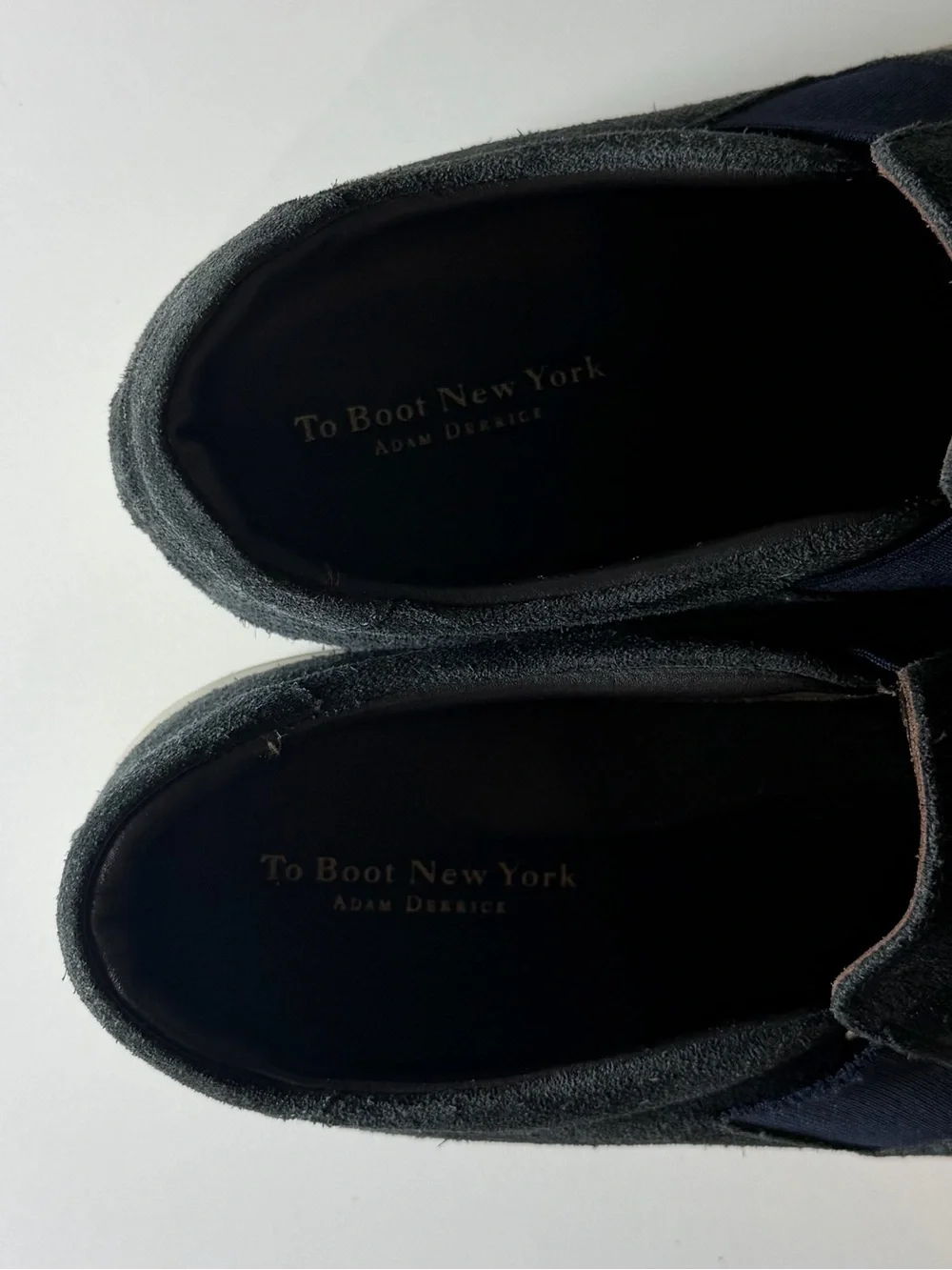 To Boot New York Adam Derrick Navy Suede Leather Slip-On Loafers with White Sole